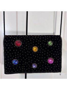 VTG Partners Mervyns Handmade Beaded Bag Black Jewel Clutch Purse Small Velvet